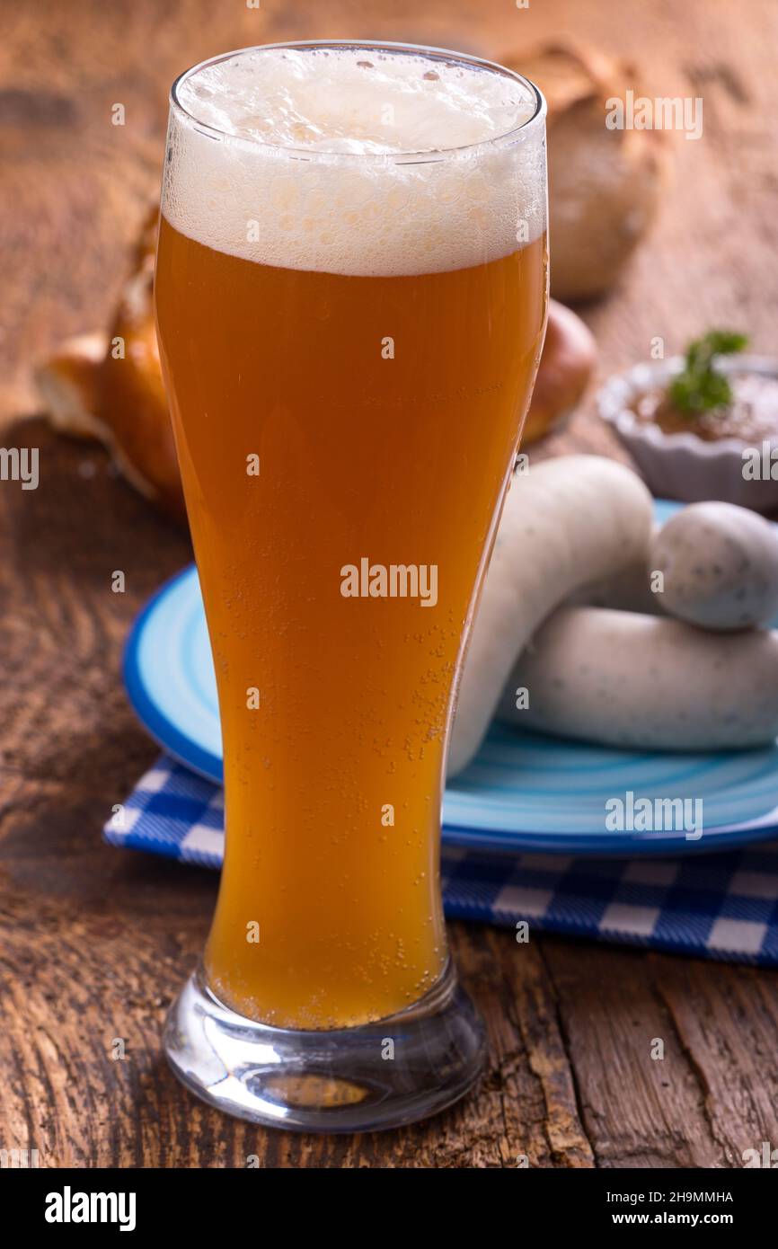 bavarian white sausages with pretzel on wood Stock Photo
