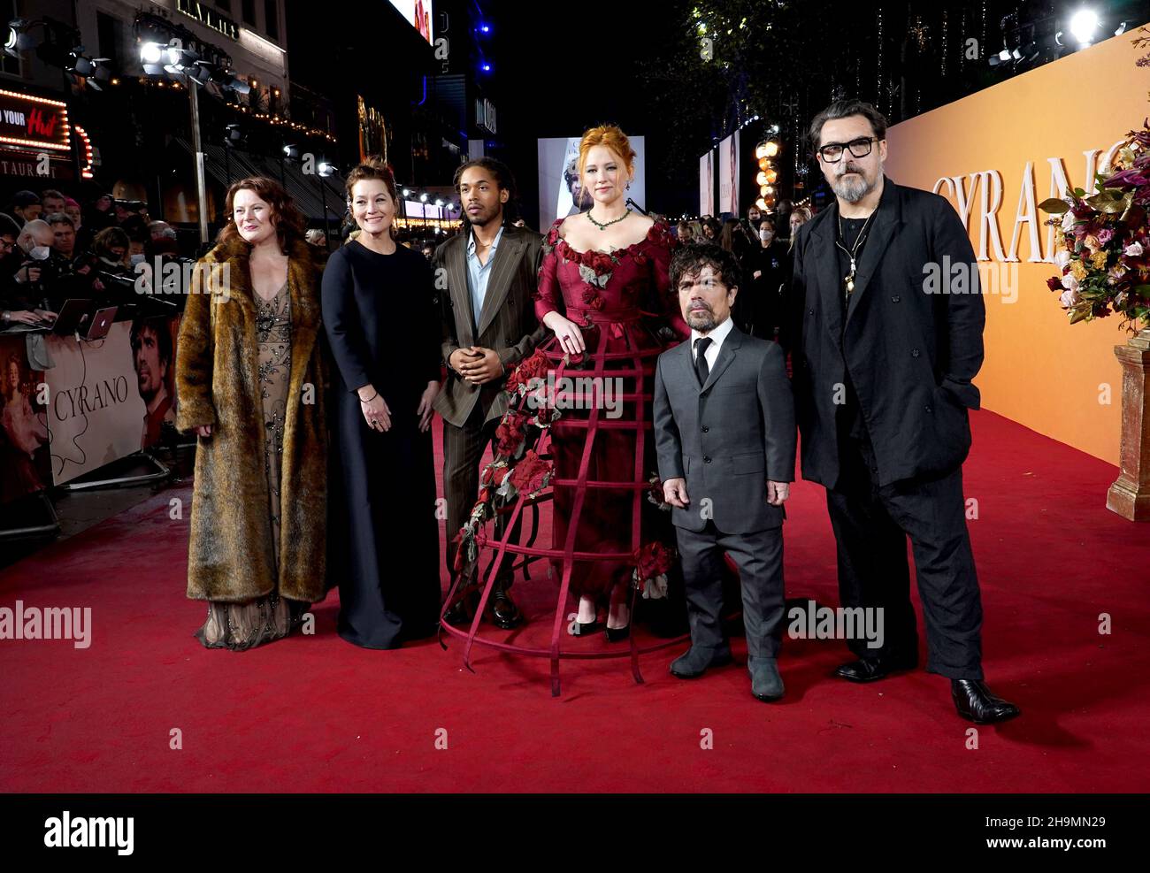Monica Dolan, Erica Schmidt, Kelvin Harrison Jr, Haley Bennett, Peter Dinklage and Joe Wright attending the UK Premiere of Cyrano, at the Odeon Luxe, Leicester Square, London. Picture date: Tuesday December 7, 2021. Stock Photo
