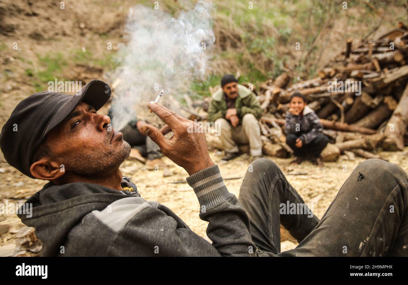 lumberjack cigarettes One of Raed Abd El-Aal's workers smokes a cigarette and takes a rest at the  workshop.Raed Abd El-Aal 52 years old, has been working as a lumberjack for  thirty years in Gaza