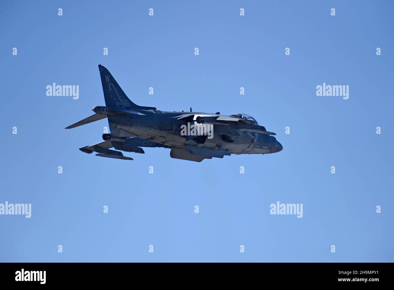 United States Marine Corps AV-8B Harrier hovers and rotates after takeoff at MCAS Miramar, in San Diego, California Stock Photo