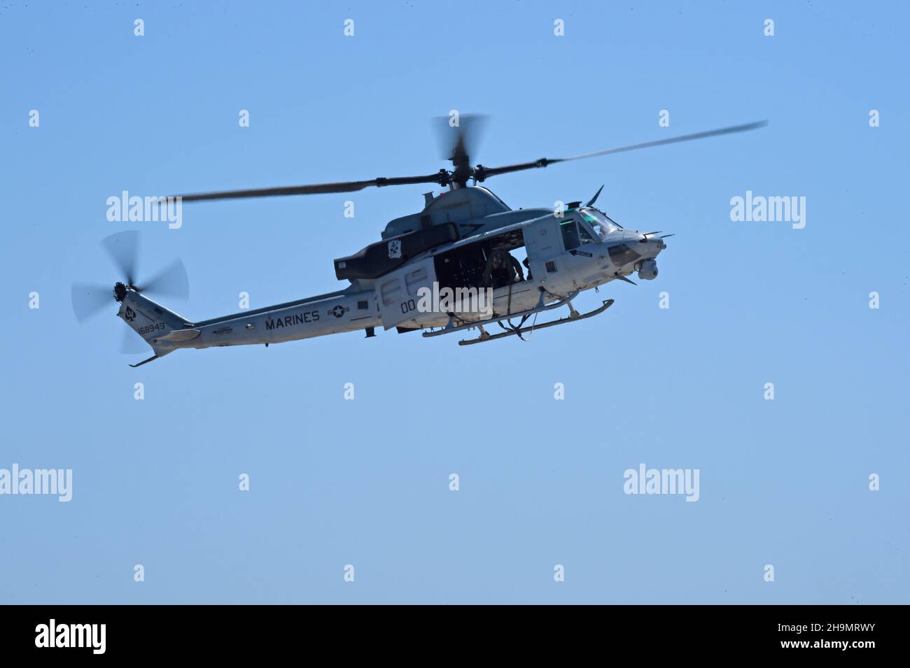 USMC UH-1Y Venom helicopter approaches the LZ during a MAGTF demonstration at MCAS Miramar in San Diego, California. Stock Photo