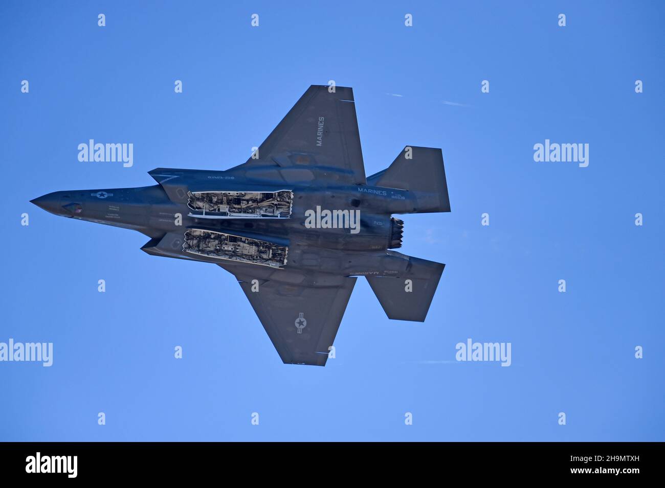 United States Marine Corps F-35B Lightning II performs a flyby with open weapons bays during a demonstration aboard MCAS Miramar Stock Photo