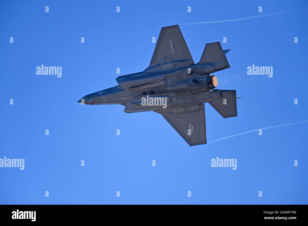 United States Marine Corps F-35B Lightning II performs a flyby  with after burner during demonstration aboard MCAS Miramar, in San Diego, California. Stock Photo