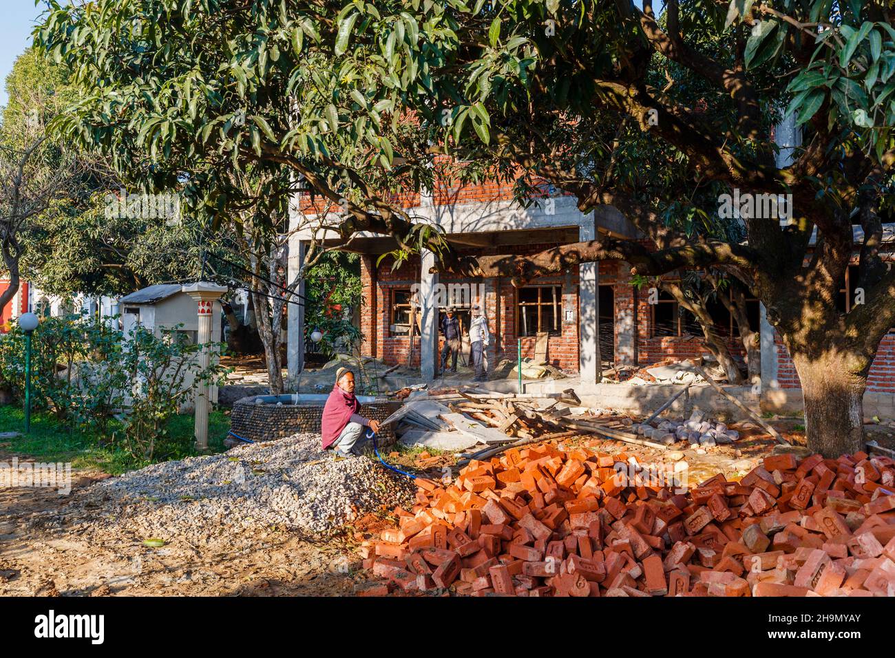 Construction site with the shell of a new building at Judge's Court Hotel in Pragpur, a heritage village in Kagra district, Himachal Pradesh Stock Photo