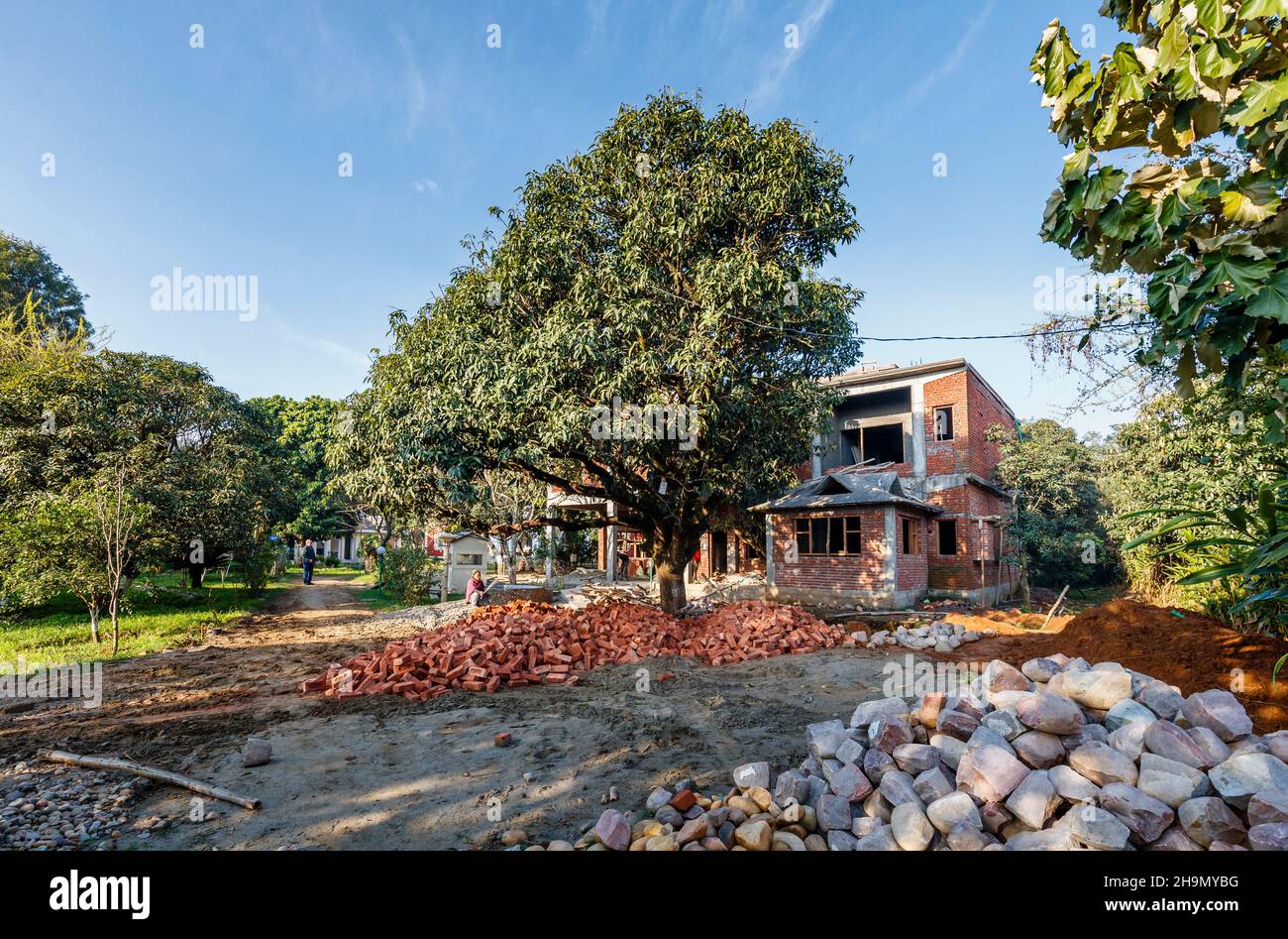 Construction site with the shell of a new building at Judge's Court Hotel in Pragpur, a heritage village in Kagra district, Himachal Pradesh Stock Photo