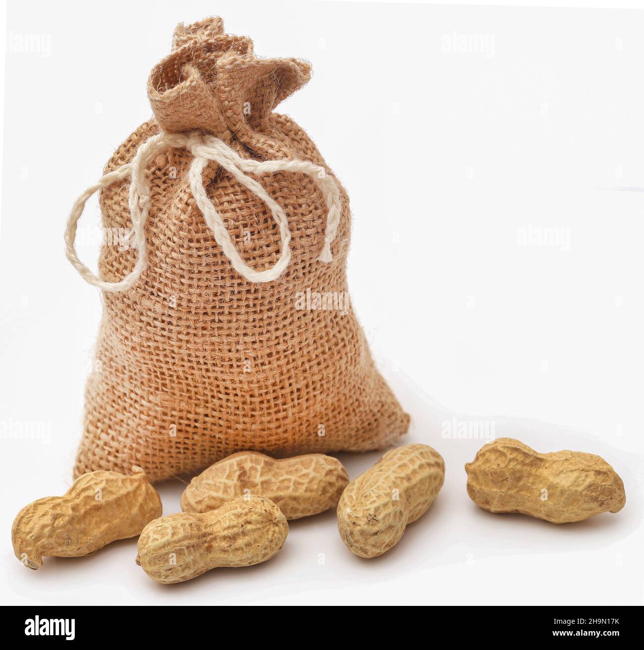 Fresh Peanuts in sack over white background Stock Photo