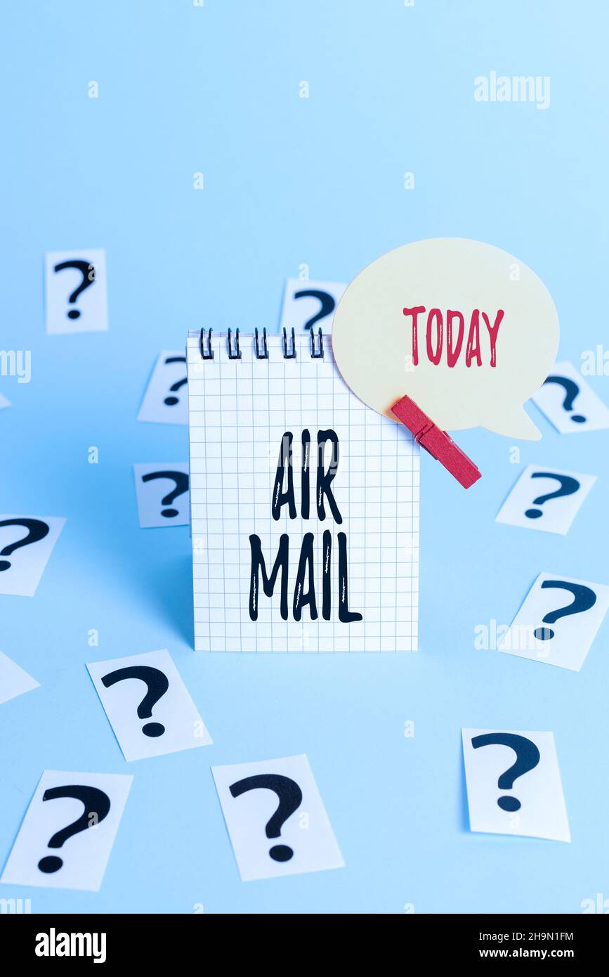 Hand writing sign Air Mail. Conceptual photo the bags of letters and packages that are transported by aircraft Office Information Processing Workshop Stock Photo