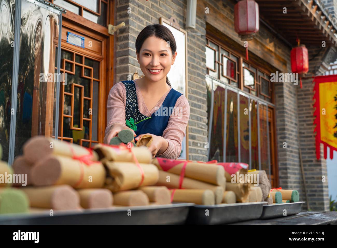 The enthusiasm of the waiter selling noodles Stock Photo