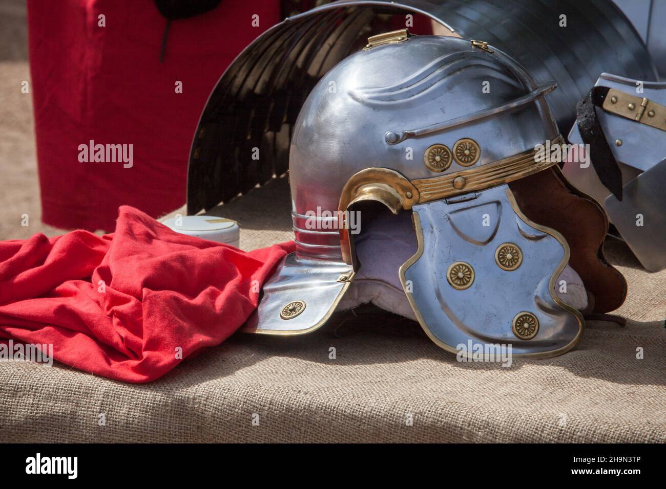 Galea, ancient roman helmet. Roman military personal equipment replica Stock Photo