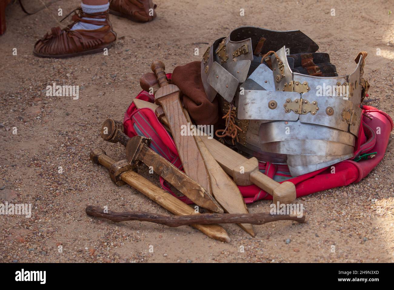 Roman military personal equipment pilled over ground. Historical reenactment Stock Photo