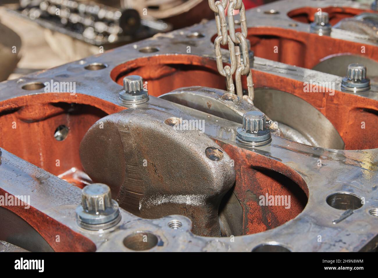 Left Frame Crankshaft and Cylinder Block and Bolt of Car Engine Stock
