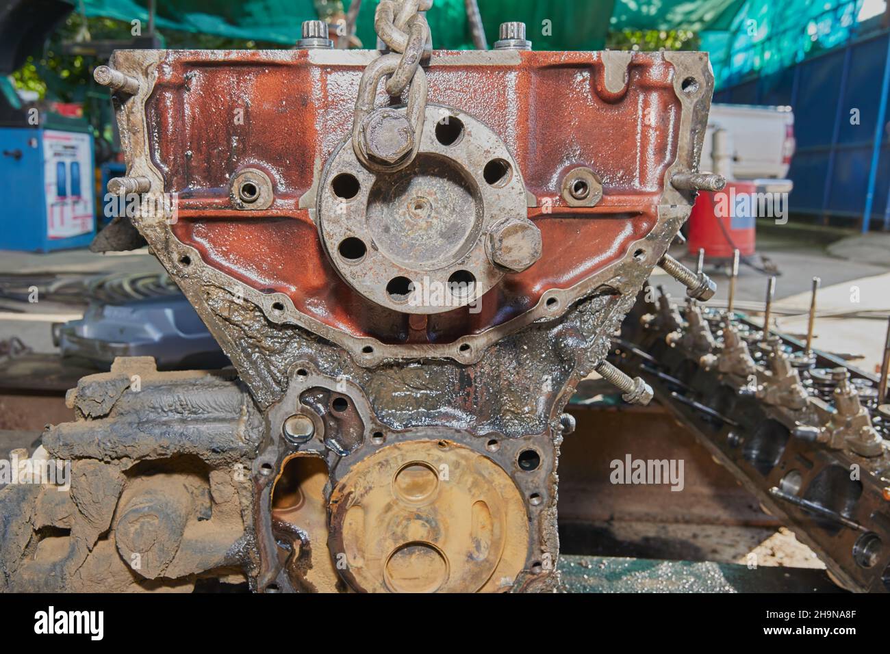 Back View of Car Engine and Camshaft and Bolt and Chain in Car Repair