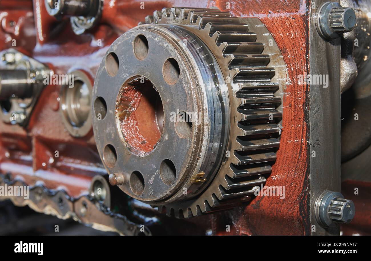 Center Frame Zoom View Crankshaft Gear and Bolt on Cylinder Block of ...