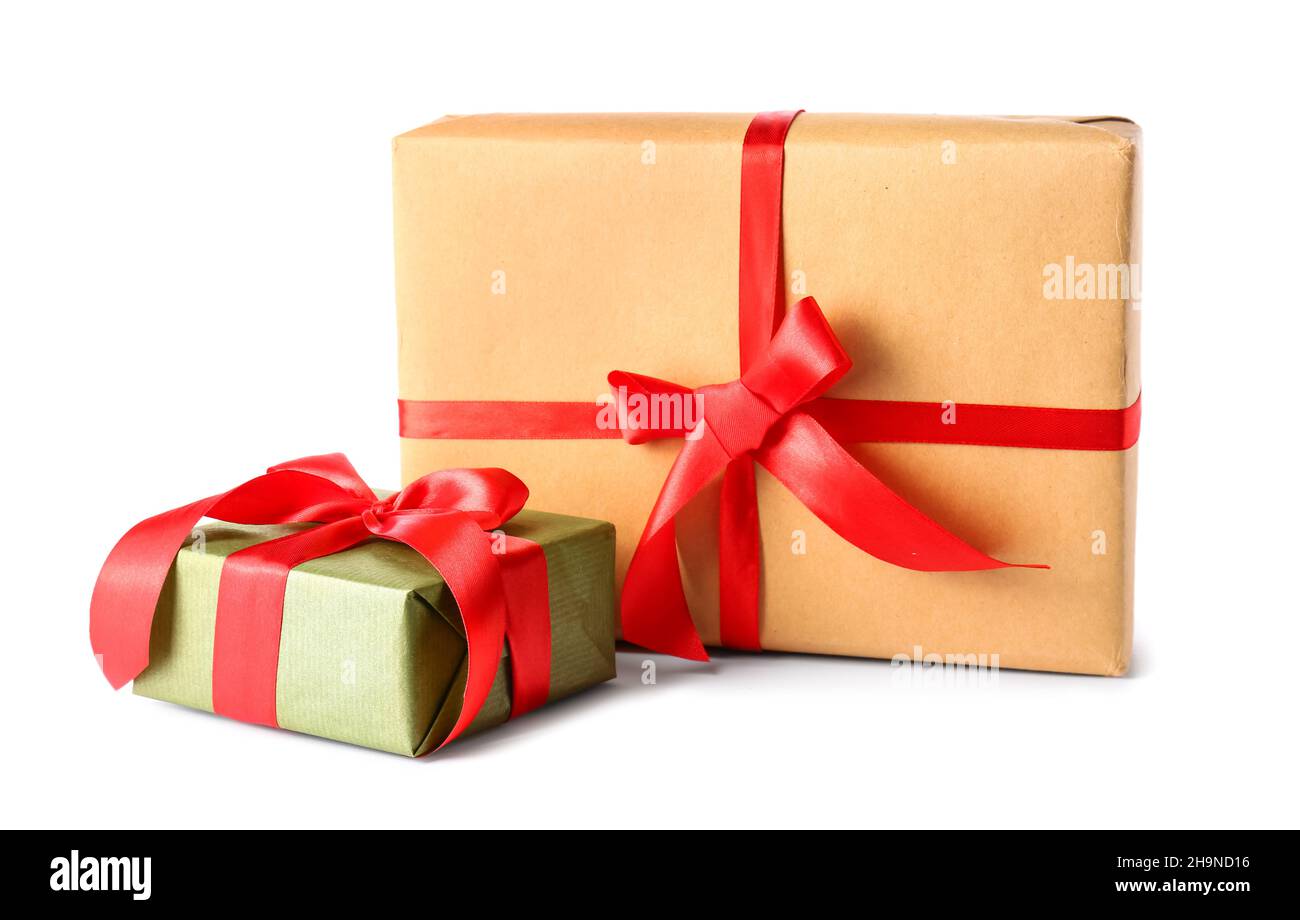 Beautiful Christmas gift boxes isolated on white background Stock Photo ...