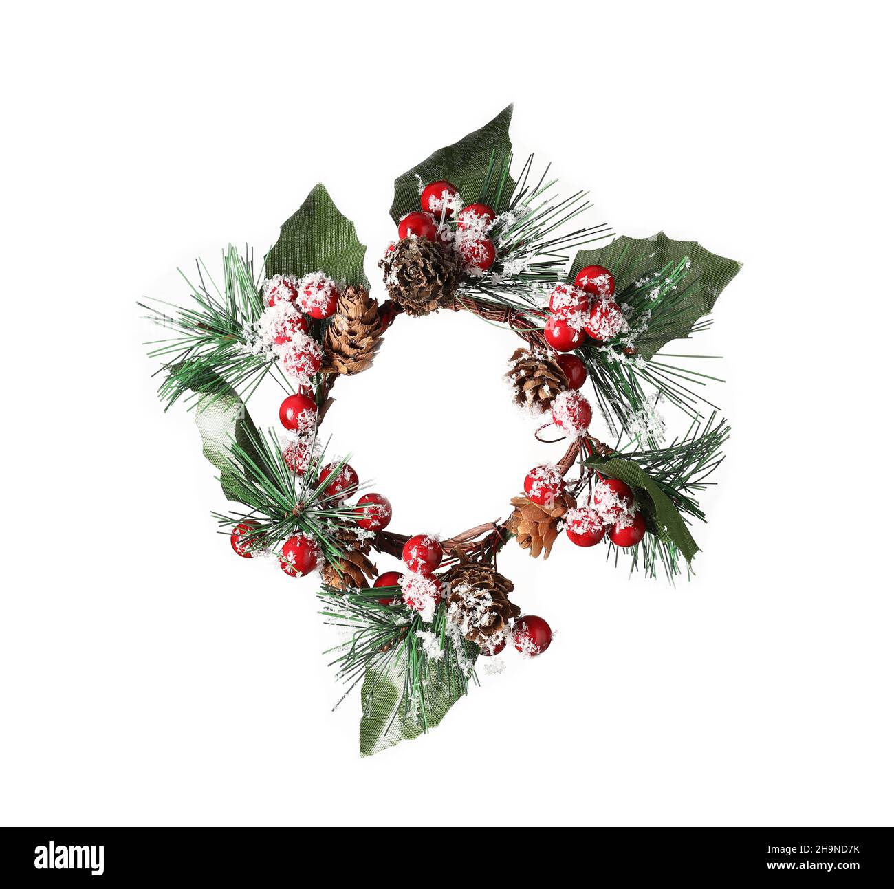 Beautiful Christmas wreath made of fir branches and pine cones on white ...