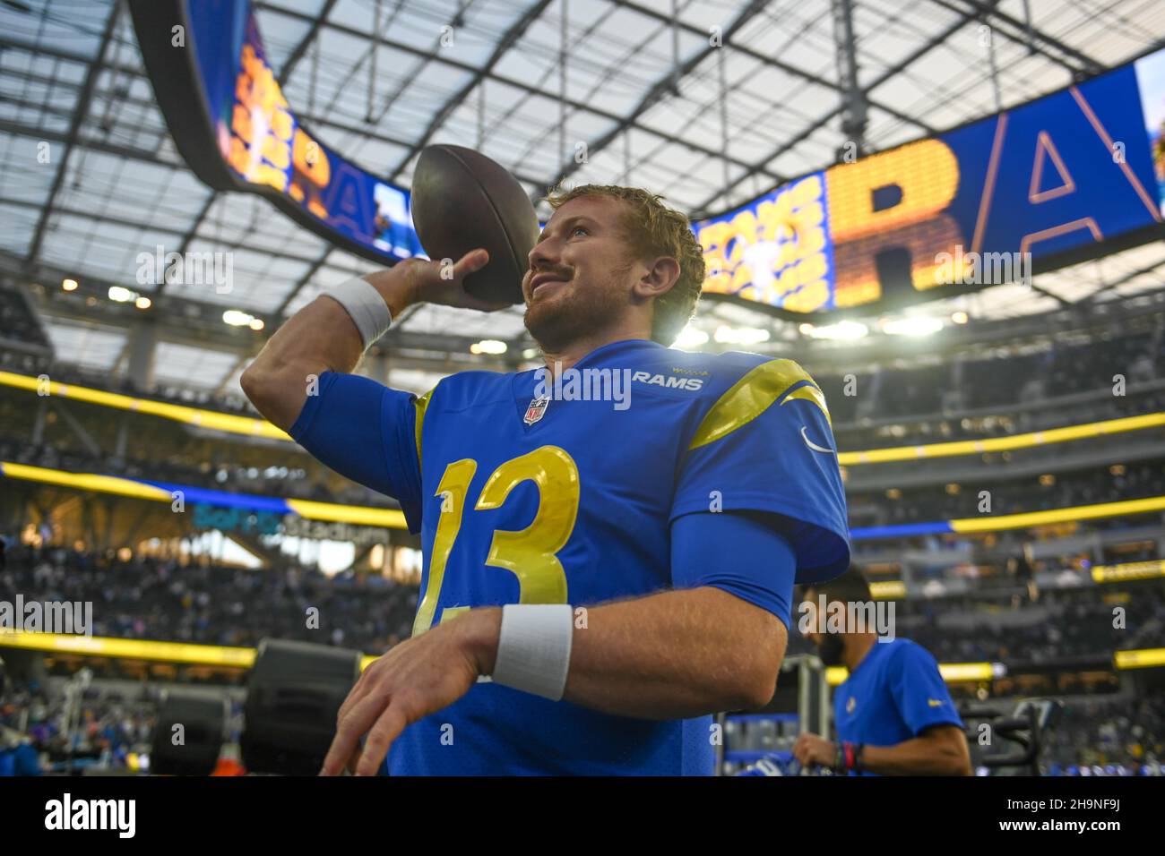 Los Angeles Rams quarterback John Wolford (13) exits the field after an NFL game against the Jacksonville Jaguars, Sunday, Dec. 5, 2021, in Inglewood, Stock Photo