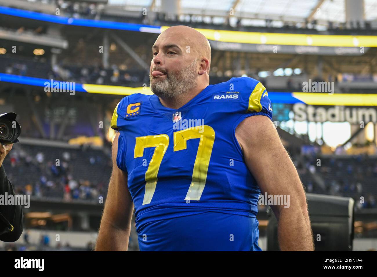 Los Angeles Rams offensive tackle Andrew Whitworth (77) exits the field after an NFL game against the Jacksonville Jaguars, Sunday, Dec. 5, 2021, in I Stock Photo