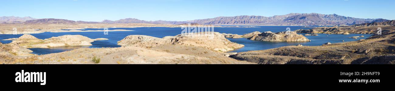Wide Panoramic Scenic View Lake Mead US National Recreation Area. Mojave Desert Distant Mountain Landscape.  Sunny November Day Las Vegas Nevada Stock Photo