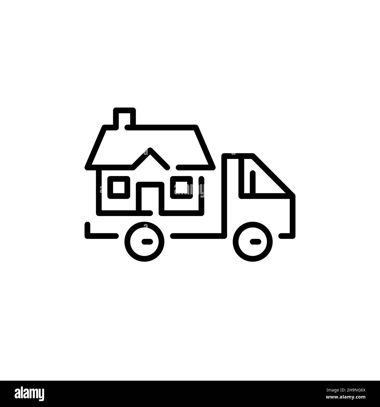 Relocation and moving houses icon. Truck carrying a house. Pixel perfect, editable stroke icon Stock Vector