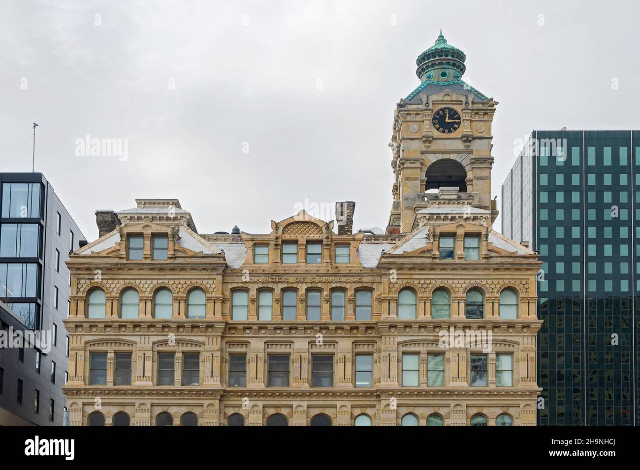 historic building former chamber of commerce facade and tower of victorian style architecture in downtown milwaukee Stock Photo