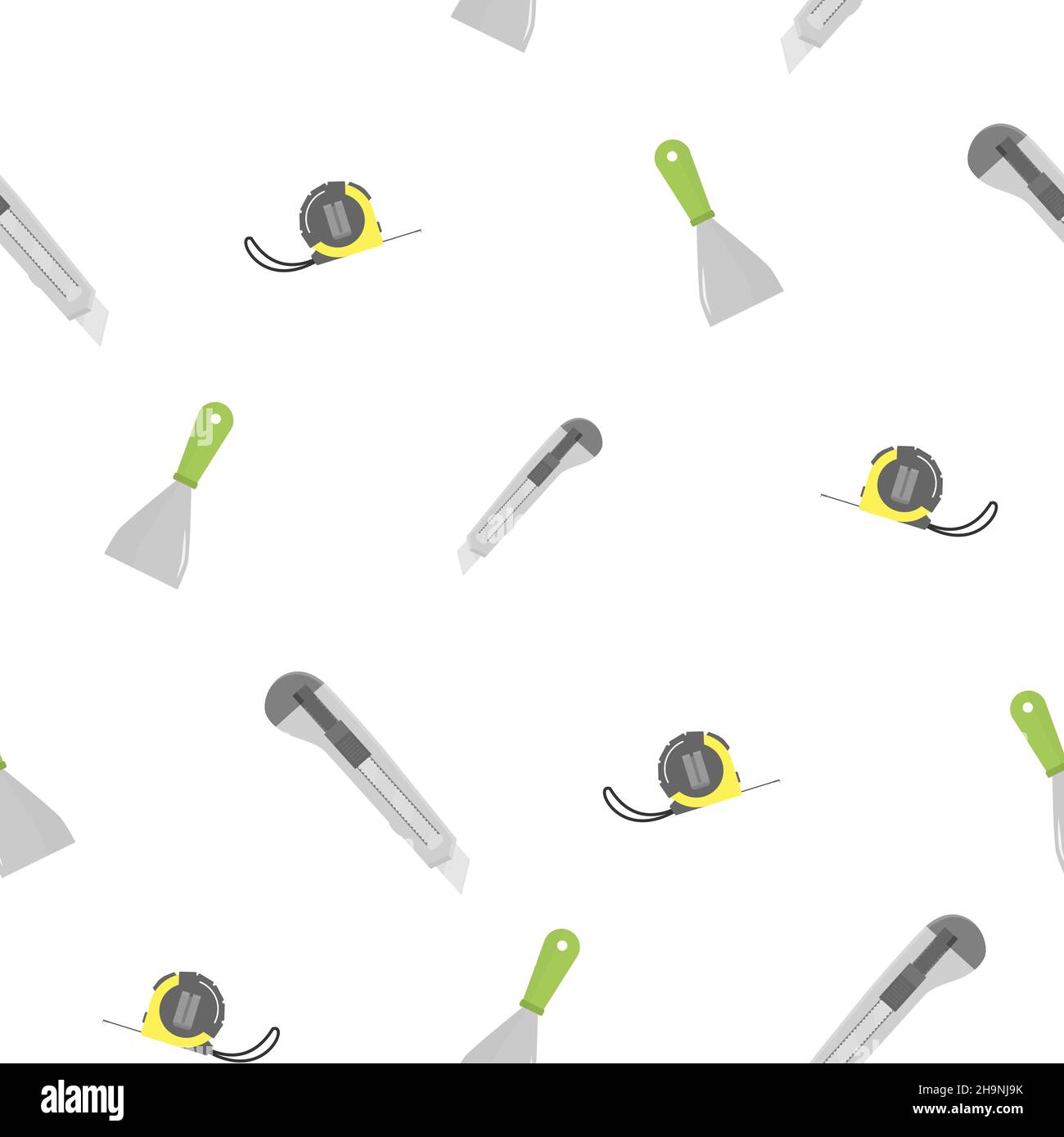 Pattern of tape measure, construction spatula and construction knife. Easy color design. On a white background. Tools for any specialist. Flat vector Stock Vector