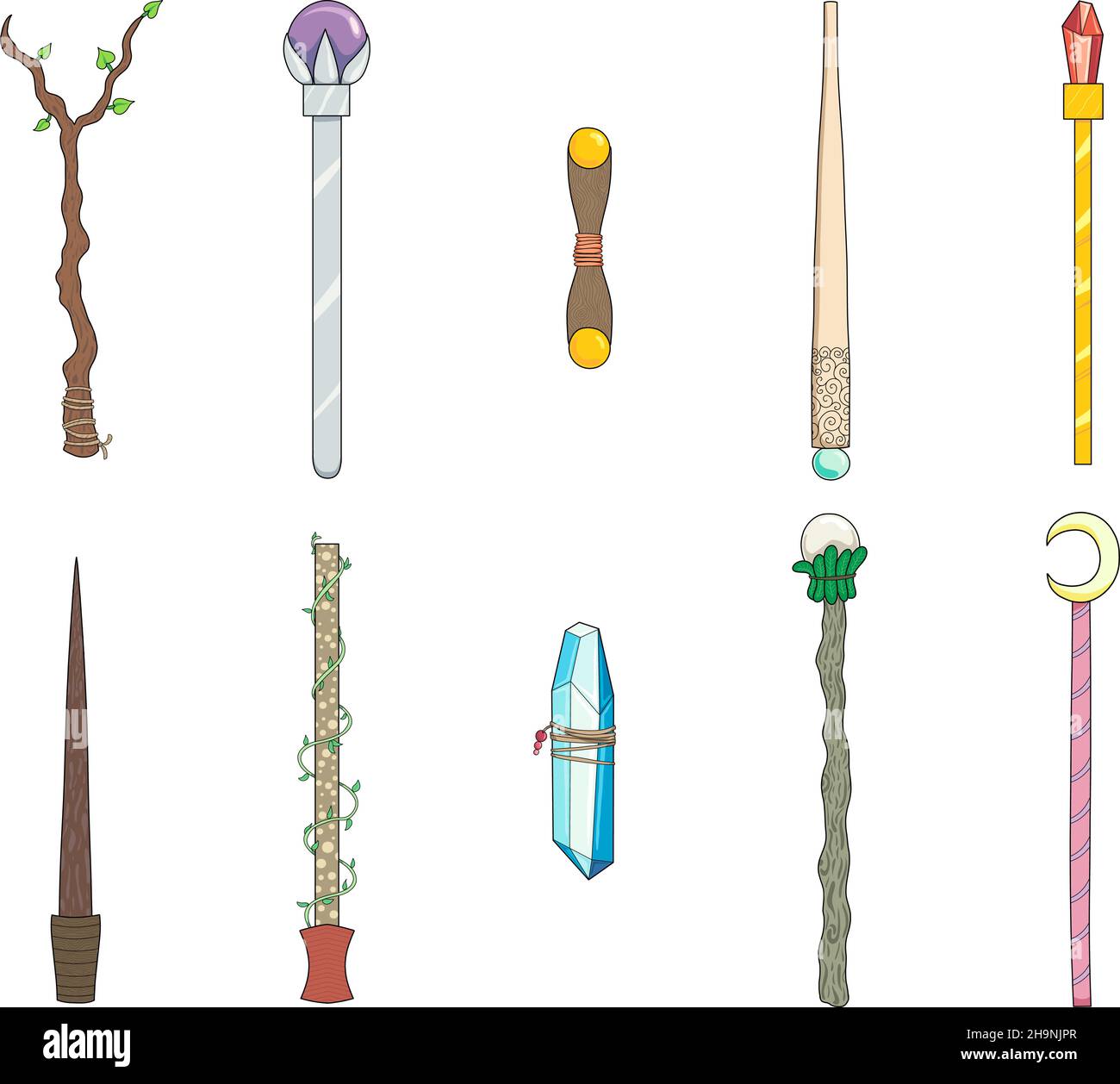 Hand drawn color vector illustration of collection of magic wands made of wood, crystal, metal, glass, and plants Stock Vector