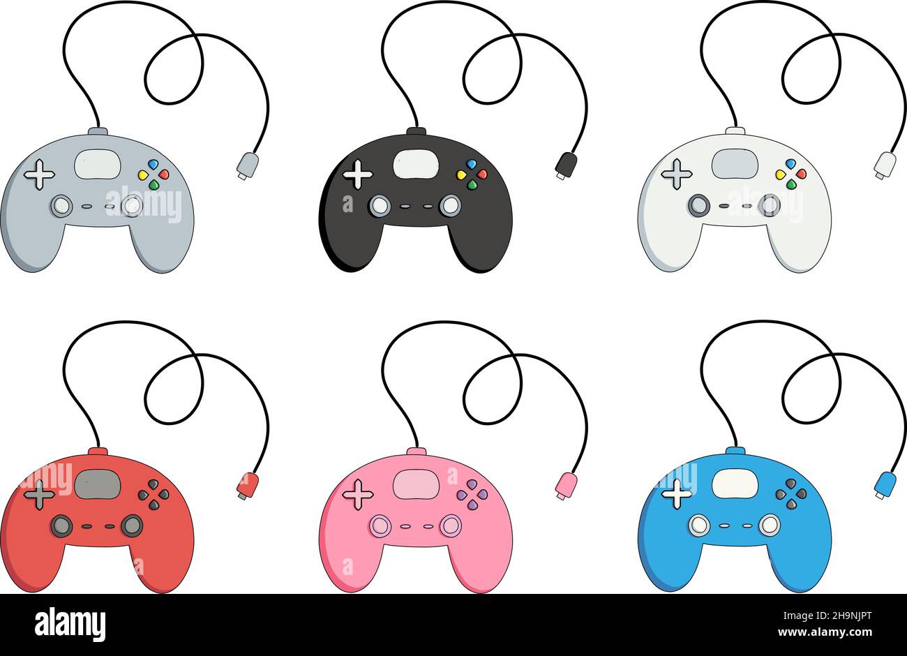 Hand drawn color vector illustration of video game controllers in gray, black, white, red, pink, and blue Stock Vector