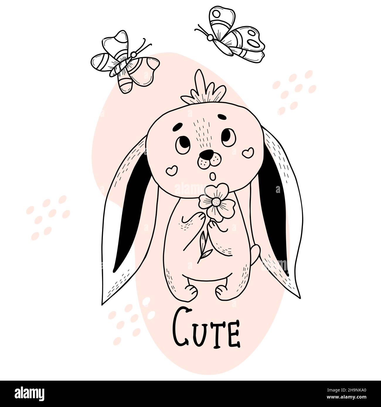 Cute bunny with haircut with flower in its paws and flying butterflies. Vector illustration. Postcard in style of hand drawn linear doodles. Funny ani Stock Vector