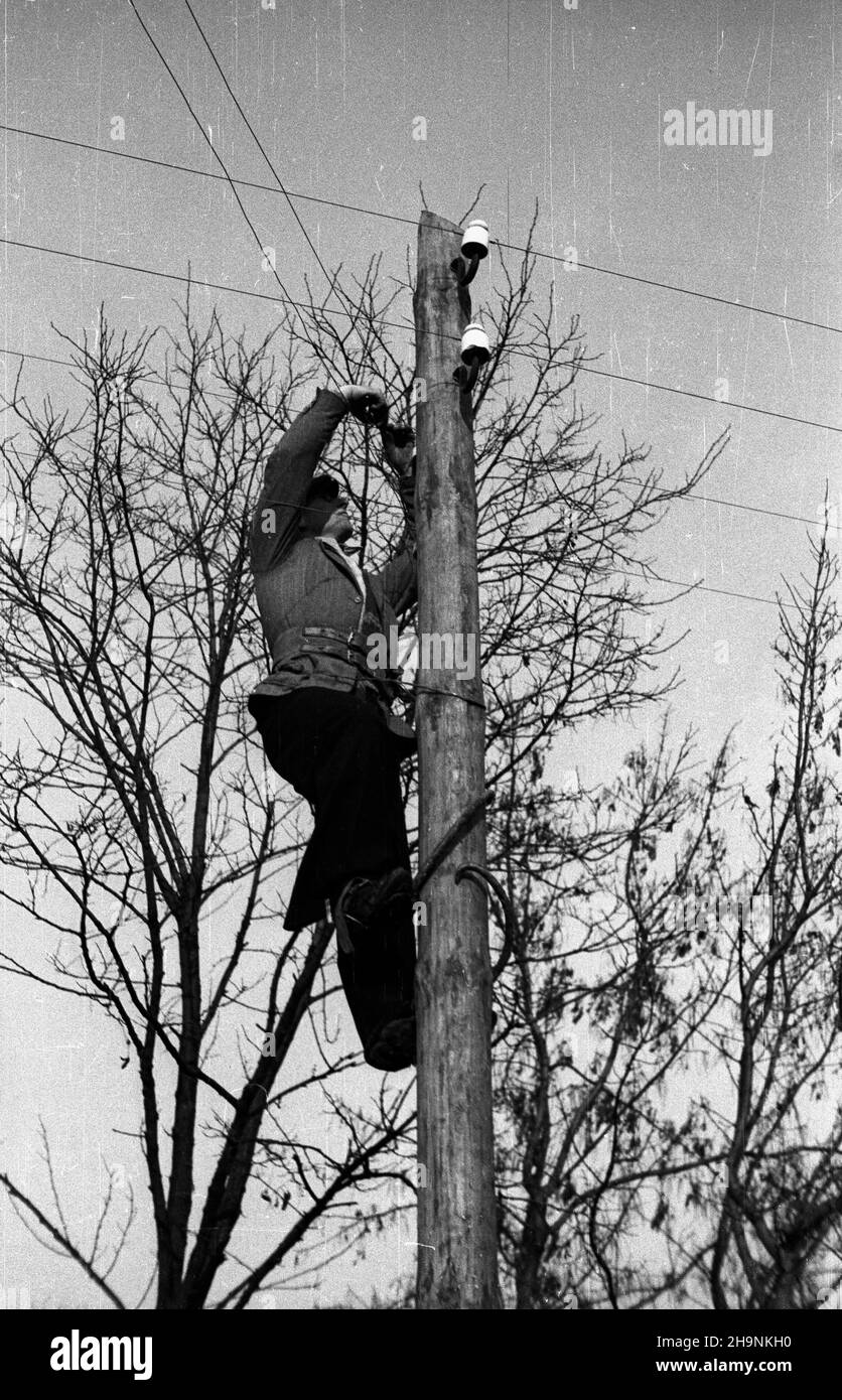 Maków Mazowiecki, 1948-12. Radiofonizacja przewodowa wsi mazowieckiej w okolicach Makowa Mazowieckiego. Polskie Radio prowadzi radiofonizacjê jako czynnik umasowienia kultury na wsi. Wed³ug prasy, ekipy monta¿owe spotykaj¹ siê w terenie z pe³nym poparciem przysz³ych radios³uchaczy, którzy pomagaj¹ przy zak³adaniu instalacji. Nz. monta¿ linii radiofonicznej do cha³upy Staniszczarskiego w Makowie Mazowieckim. mta  PAP    Dok³adny dzieñ wydarzenia nieustalony.      Makow Mazowiecki, Dec. 1948. The extension of the telegraph network to a village near Makow Mazowiecki (Mazowieckie province). Polish Stock Photo
