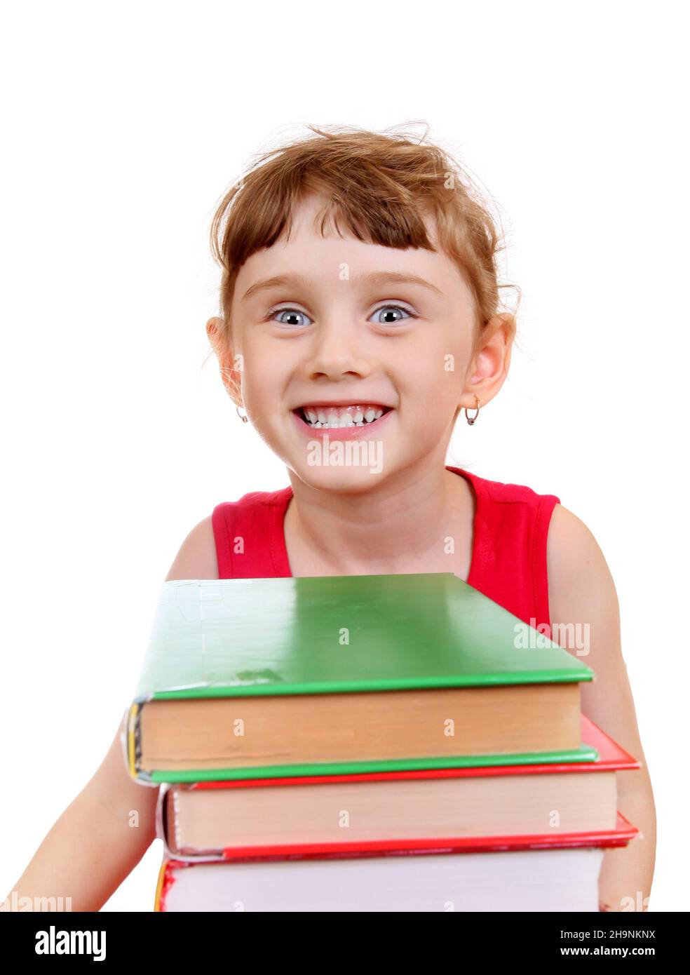 Little Girl with the Books on the White Background Stock Photo - Alamy