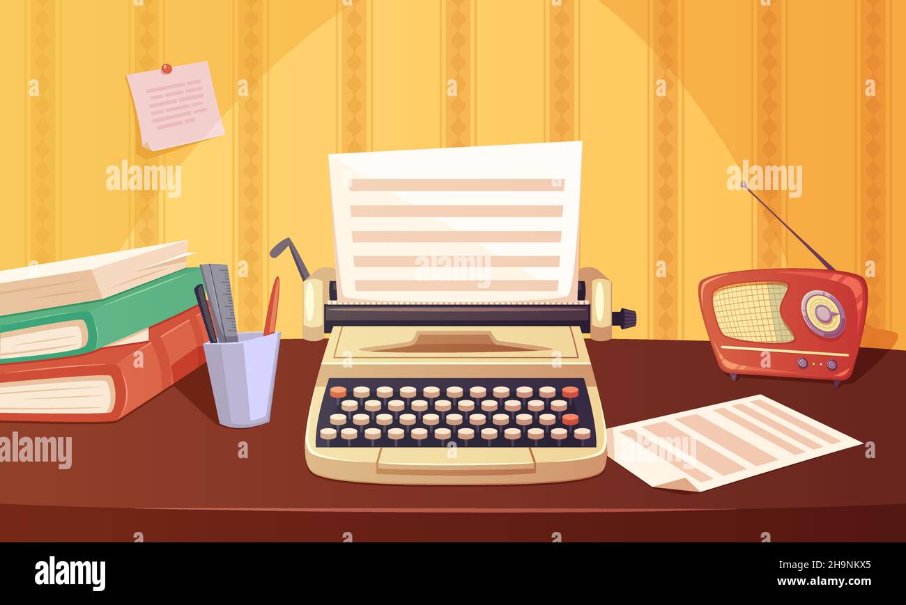 Retro gadgets cartoon background with typewriter radio books stationery on brown table vector illustration Stock Vector