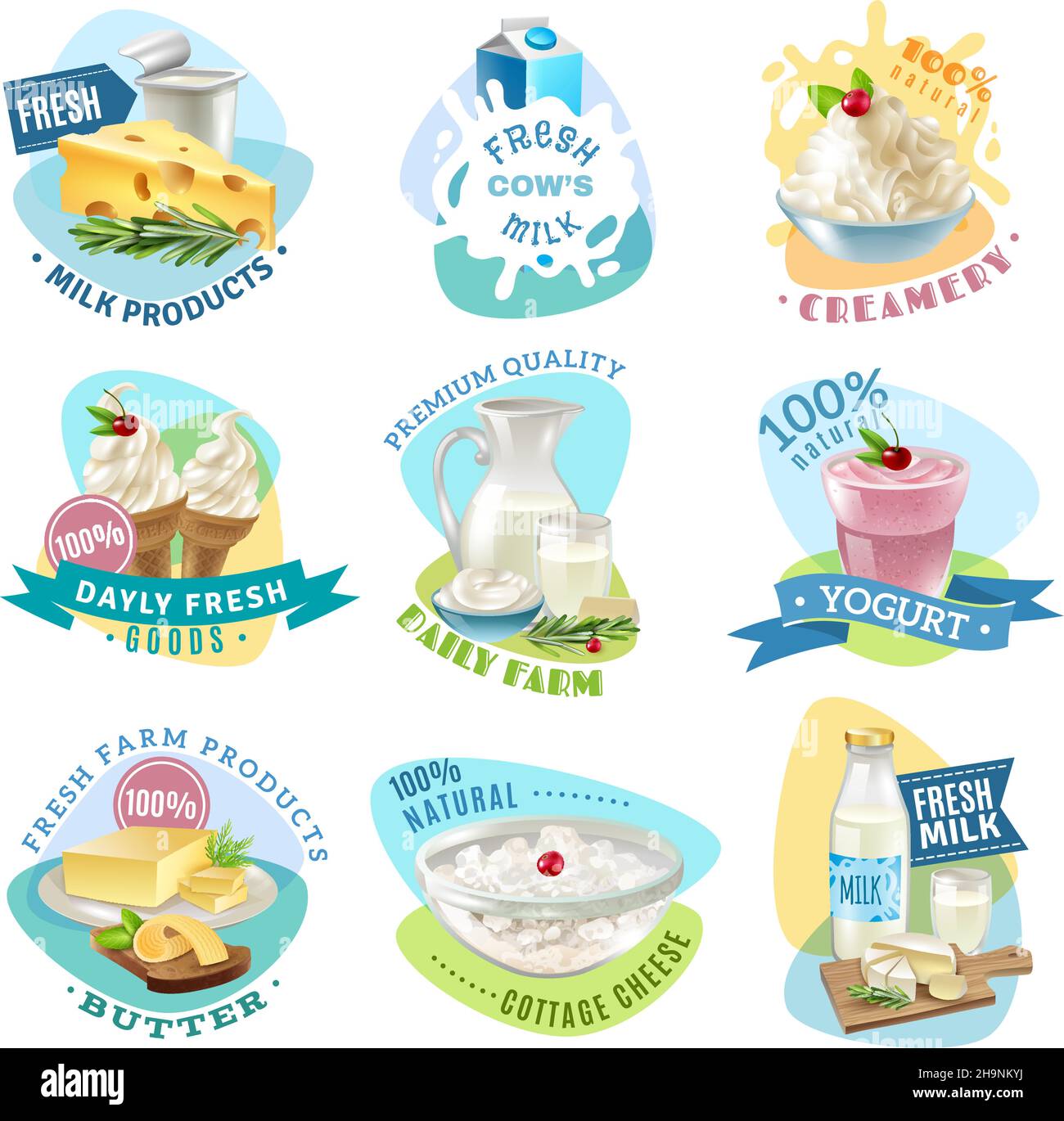 Milk products emblems set with butter and cream cartoon isolated vector illustration Stock Vector