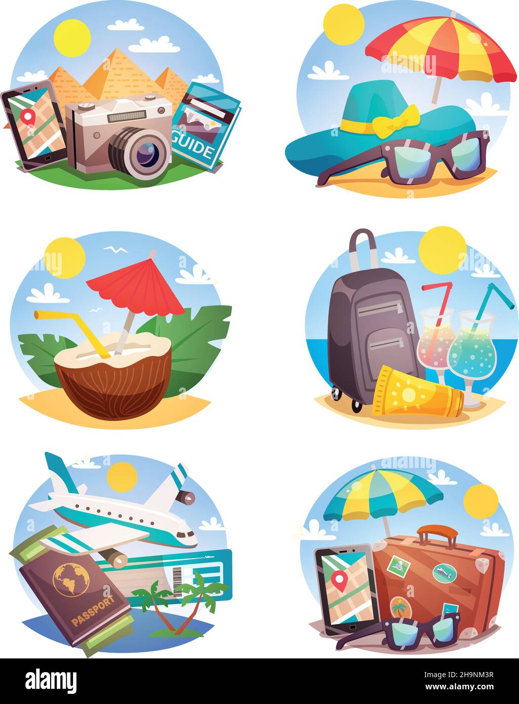 Summer holiday set of round compositions with landmarks beach accessories tropical cocktails air travel isolated vector illustration Stock Vector