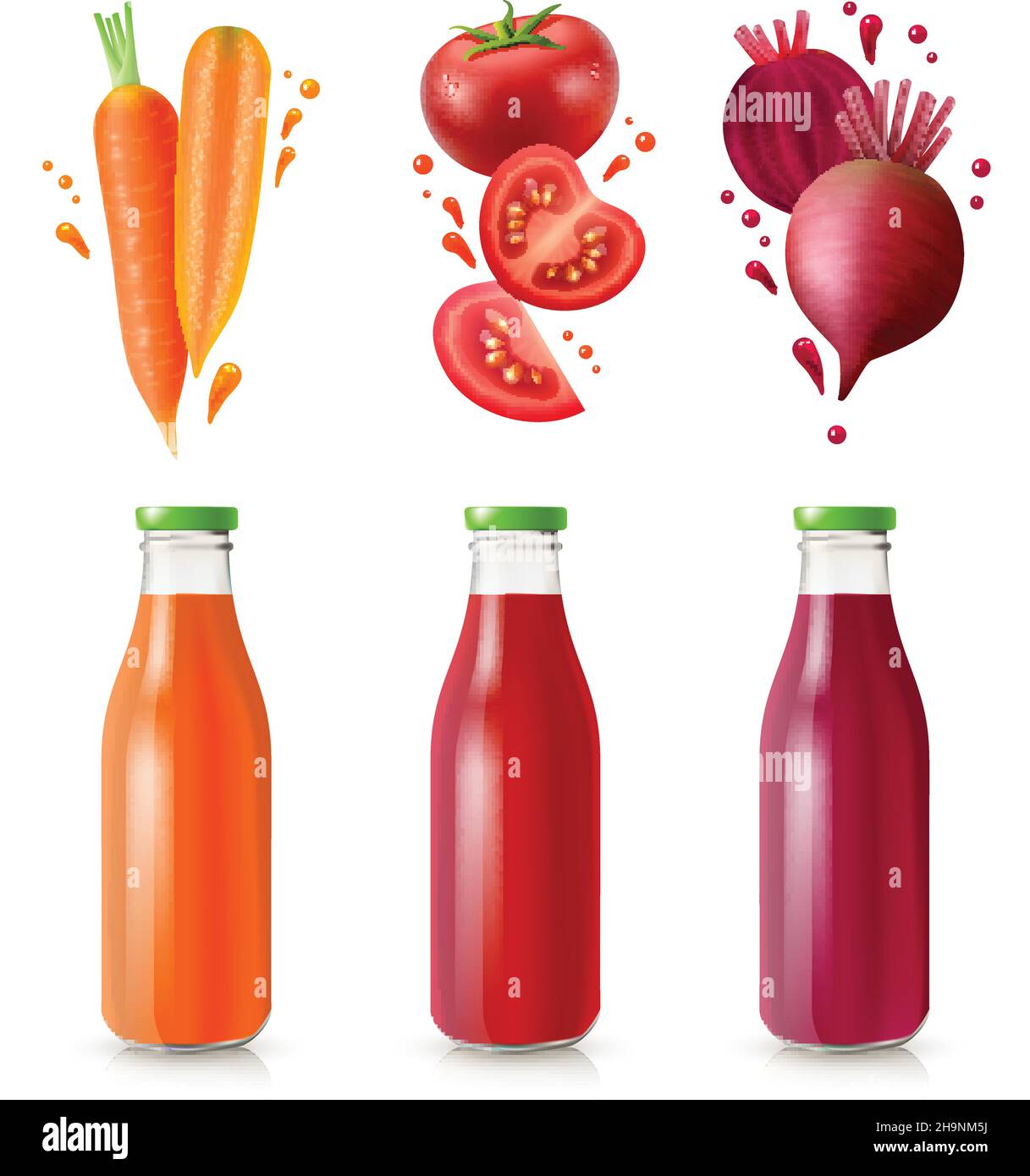 Vegetable juices set with full glass bottles carrot tomato and beet