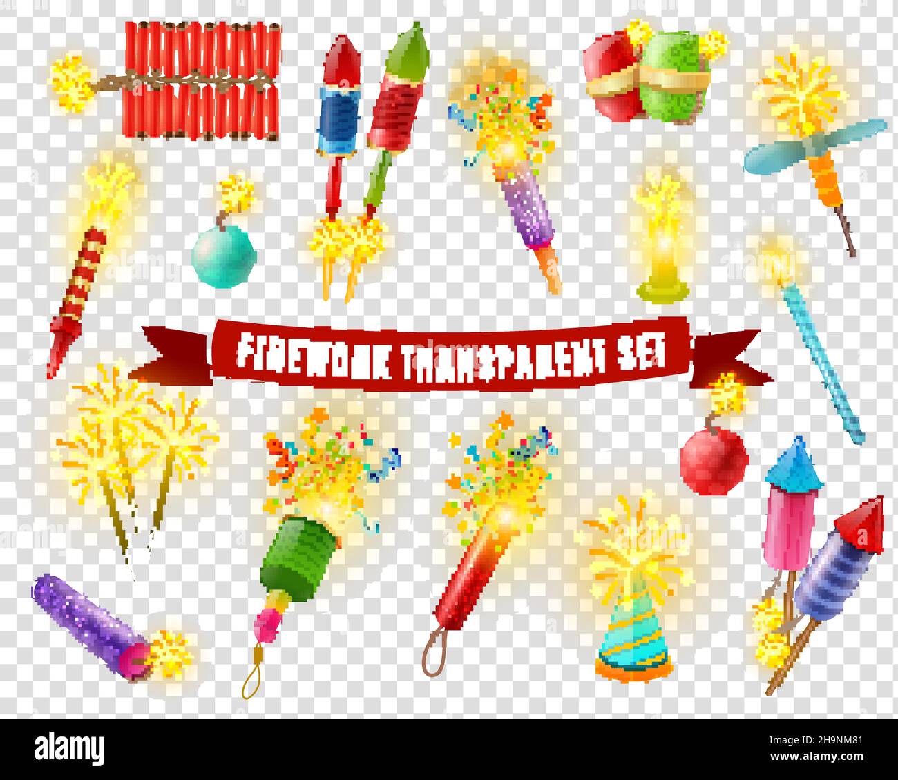 Pyrotechnics firework firecrackers indian bengal lights and sparklers special effects colorful collection on transparent background vector illustratio Stock Vector