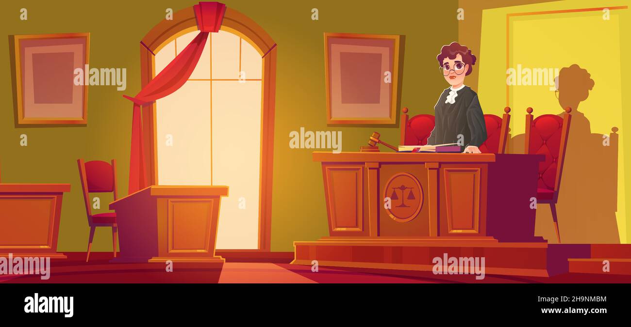 Woman judge in courtroom with wooden furniture, hammer and documents. Vector cartoon illustration of female lawyer in black robe and room interior in court house Stock Vector