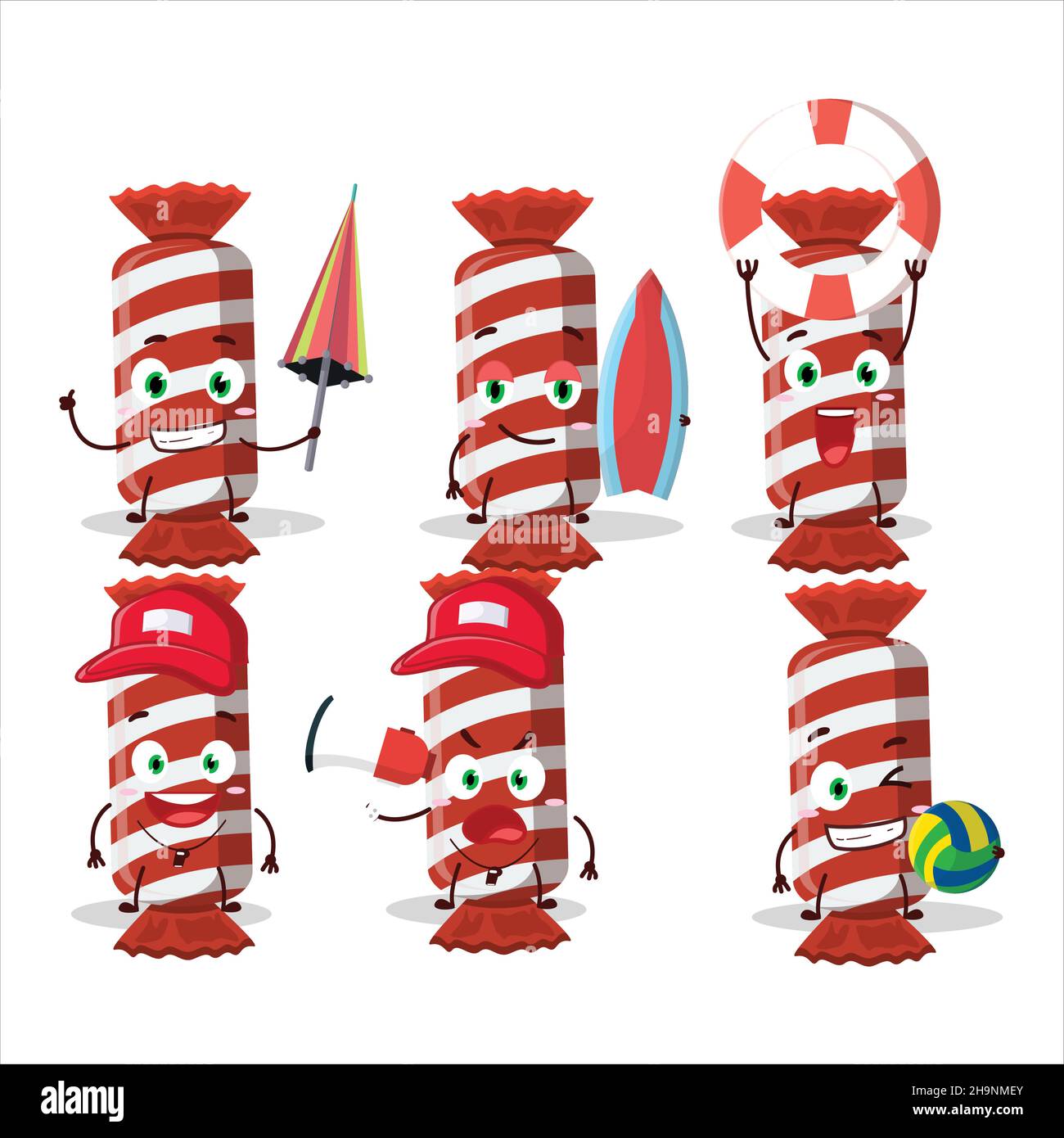 Happy Face Red Long Candy Package Cartoon Character Playing On A Beach Vector Illustration 