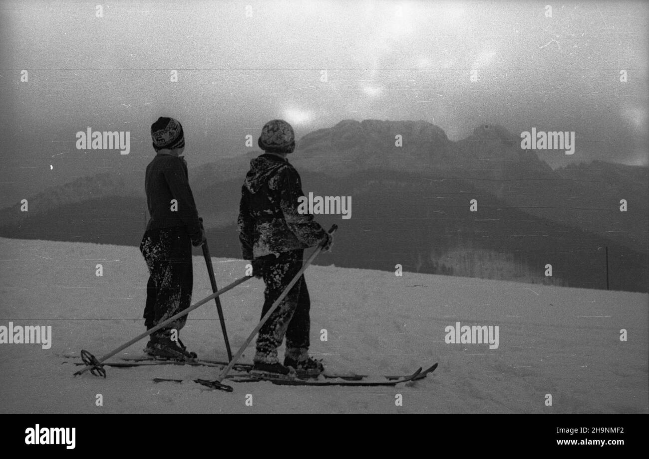 Zakopane, 1948-12. M³odzi narciarze na stoku Guba³ówki, w g³êbi Giewont. wb  PAP  Dok³aDny dzieñ wydarzenia nieustalony.      Zakopane, Dec. 1948. Young skiers on a Gubalowka Mountain slope, in the background Giewont Mountain.  wb  PAP Stock Photo