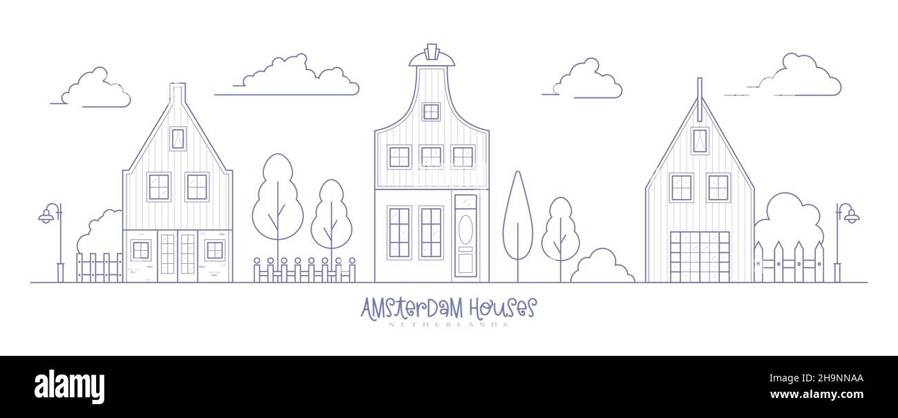 Europe neighborhood houses. Holland suburban with cozy homes. Facades of old traditionsl buildings in Netherlands. landscape outline vector Stock Vector