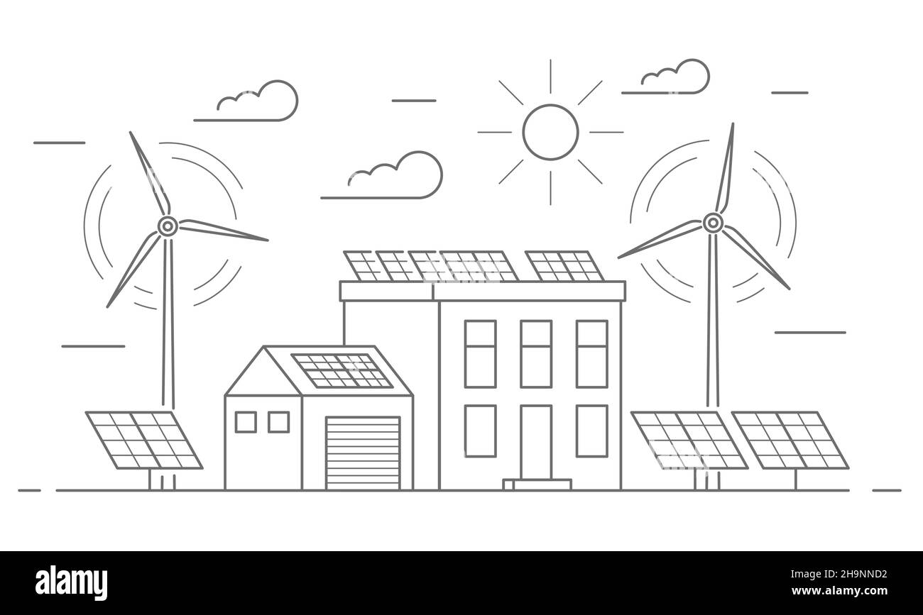 Eco friendly modern house. Alternative wind energy station. Solar panels, wind power. Environment concept vector outline illustration. Stock Vector