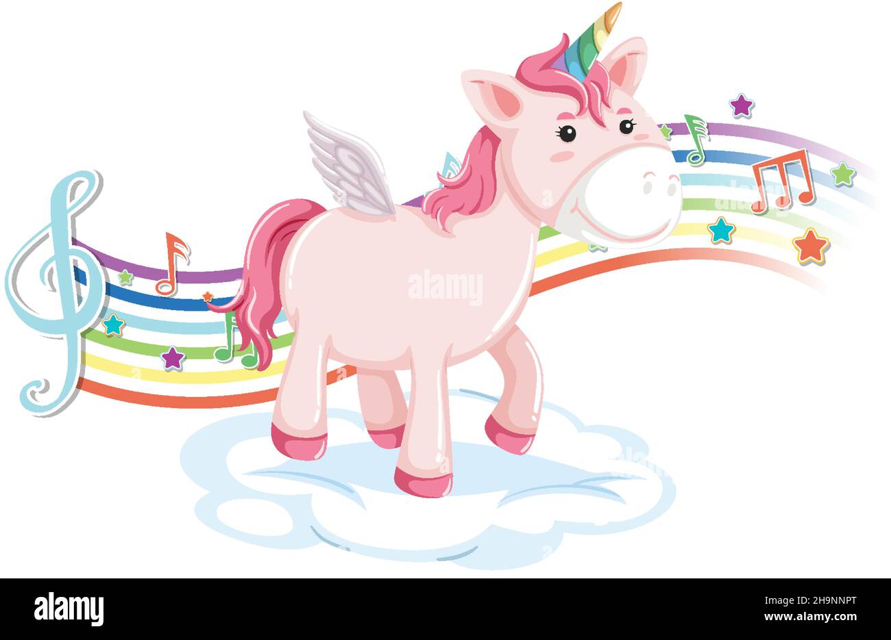 Cute unicorn standing on the cloud with melody symbols on rainbow ...