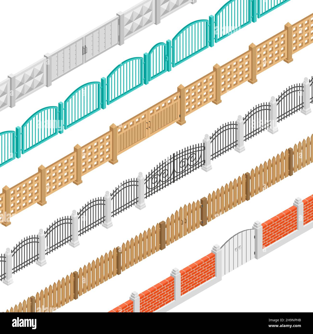 Colorful fences with gate isometric elements set in brick concrete wooden picket performance isolated vector illustration Stock Vector