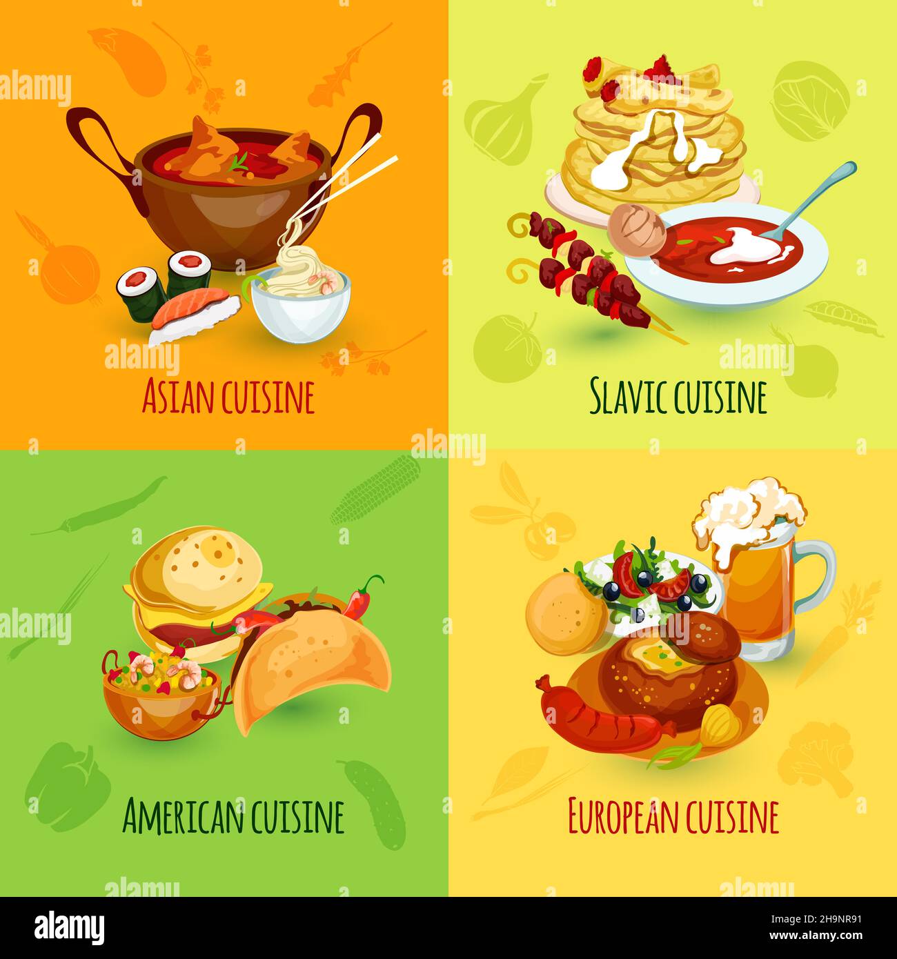 World food design concept set with asian slavic american european cuisine icons isolated vector illustration Stock Vector