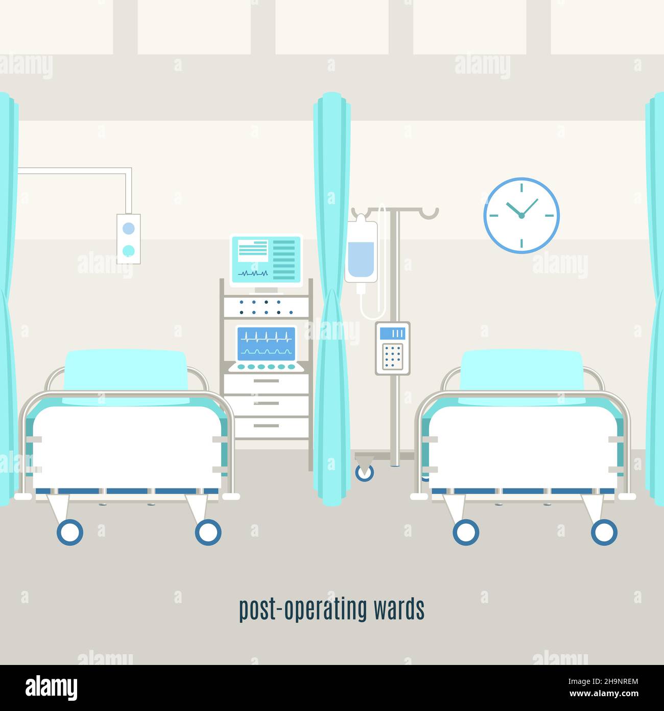 Medical post-operating recovery ward equipment and accessories with monitors for patient supervision with monitors abstract vector illustration Stock Vector