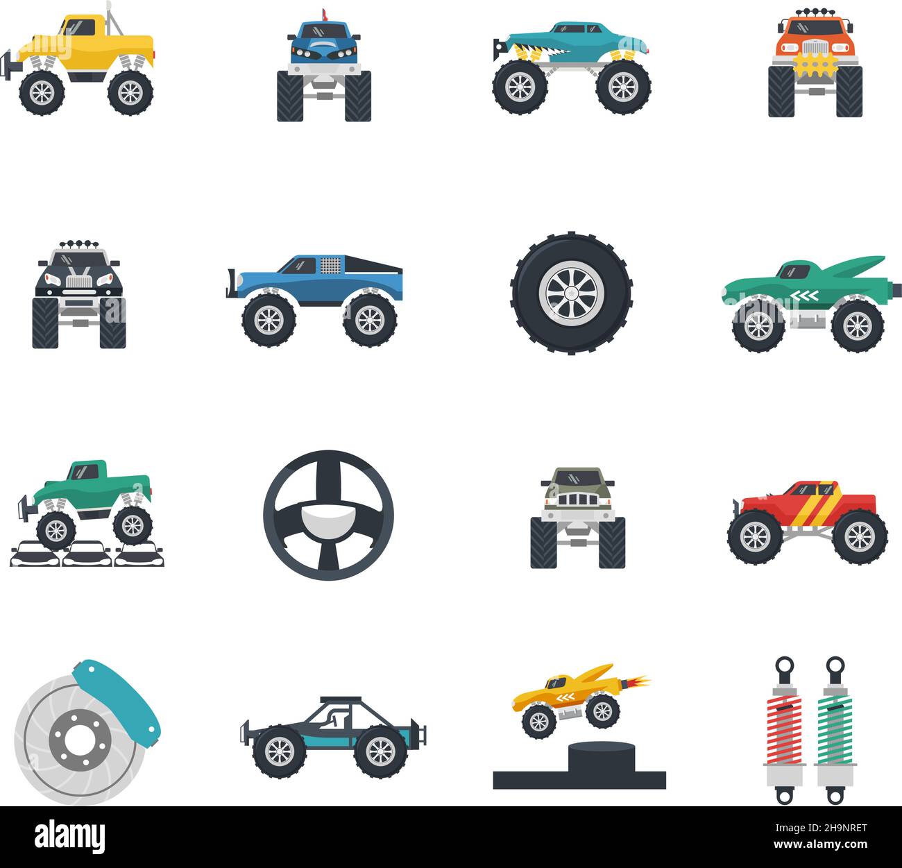 Monster truck and heavy vehicles flat icons set isolated vector illustration Stock Vector