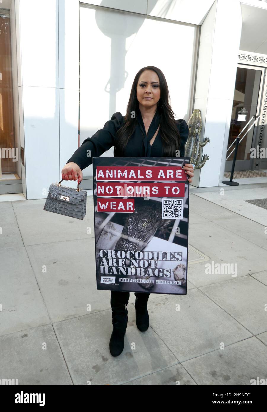 Beverly Hills, California, USA 4th December 2021 A general view of  atmosphere of Animal Rights Protesters with PETA at Hermes Store Rodeo  Drive on December 4, 2021 in Beverly Hills, California, USA.