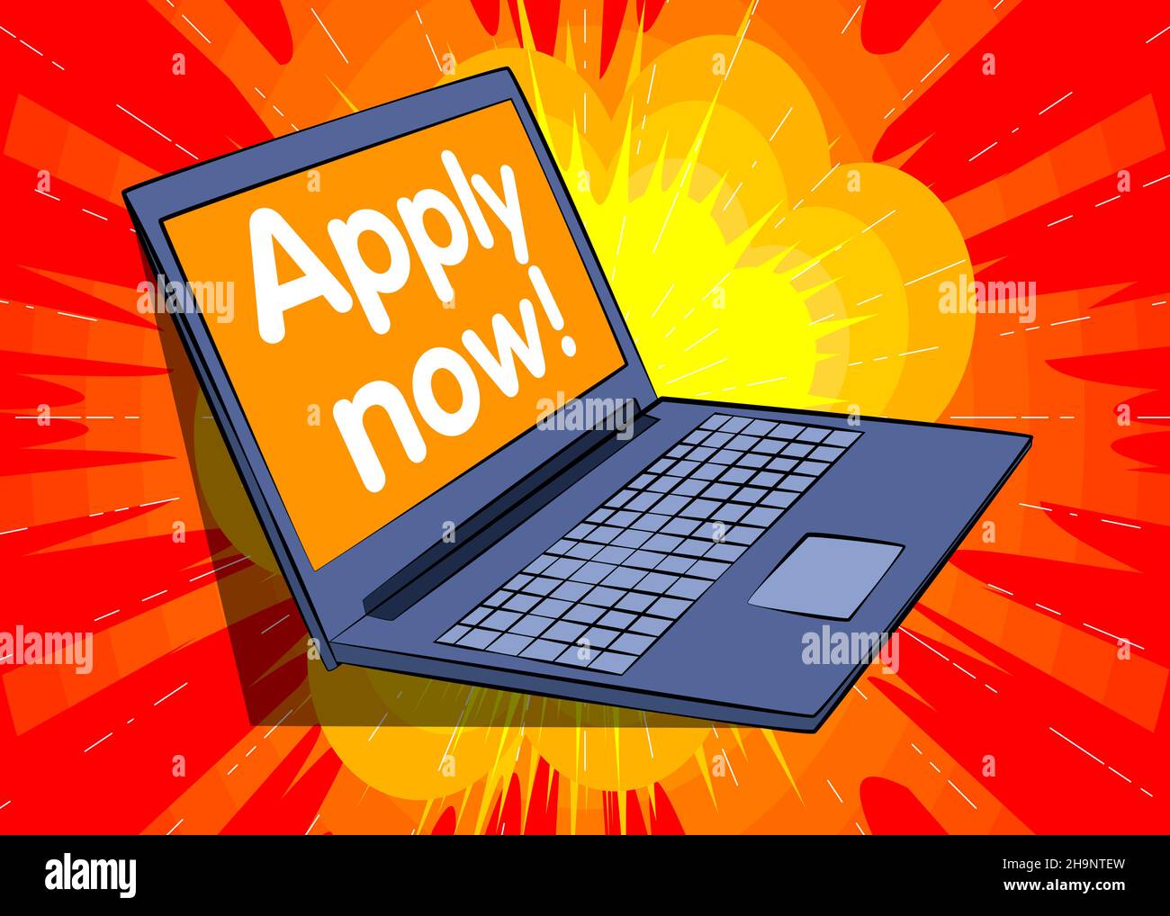 Laptop with the words Apply now on the screen. Vector cartoon illustration. Text, sign. Jobs, job working recruitment employees business concept. Stock Vector