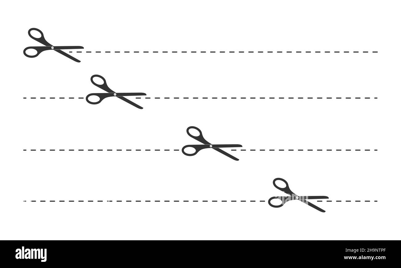Set of cutting scissors icons with dotted lines. Cut here pictogram for