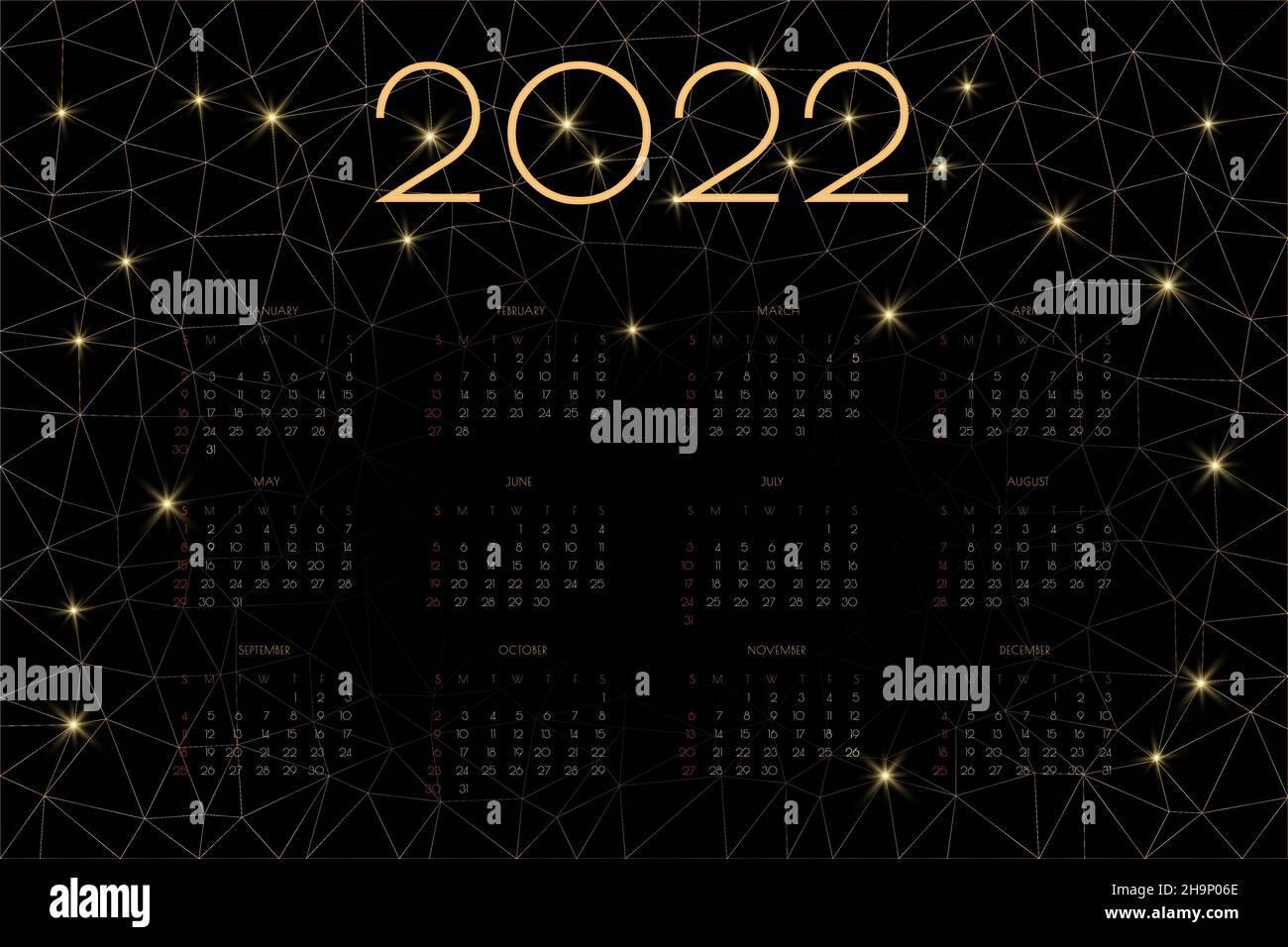 2022 calendar with luxury gold low poly mosaic triangles and shiny