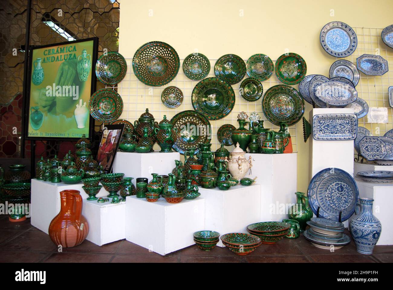 Display of colourful Spanish pottery in the old town, Cordoba, Spain